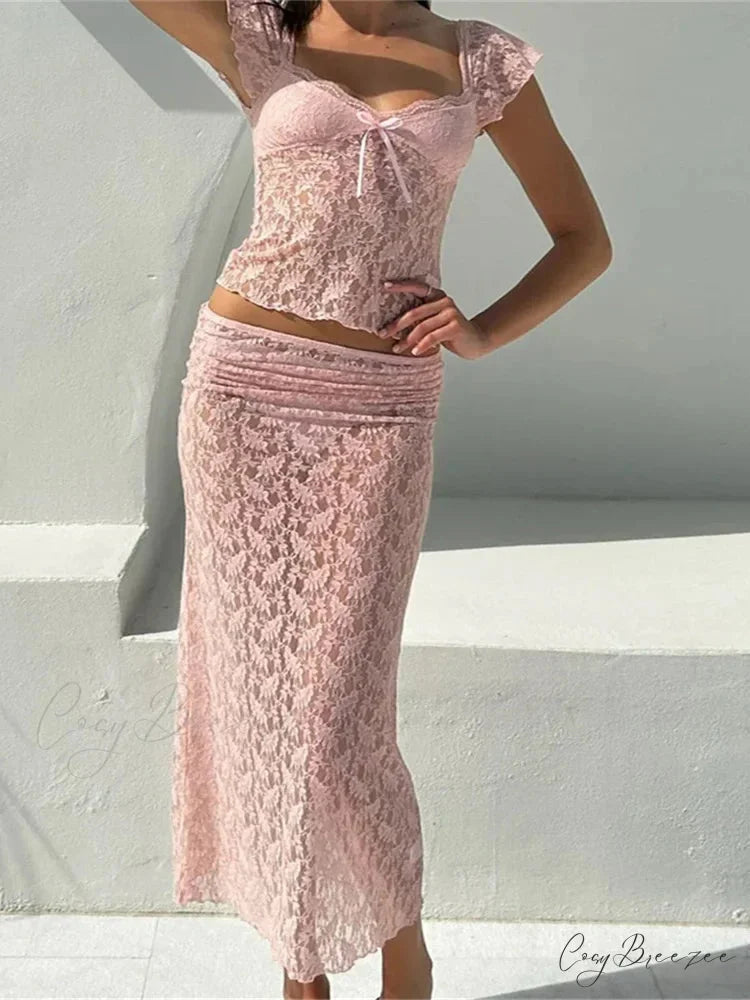 Lace Short Sleeve V-neck T-shirt and Long Skirt Set PINK / S skirt-250126