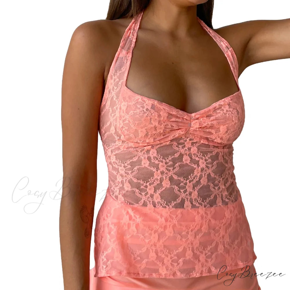 Lace Solid Chic Basic Casual Slim Fit Summer Stylish Elegant Crop Top Peach Pink / S