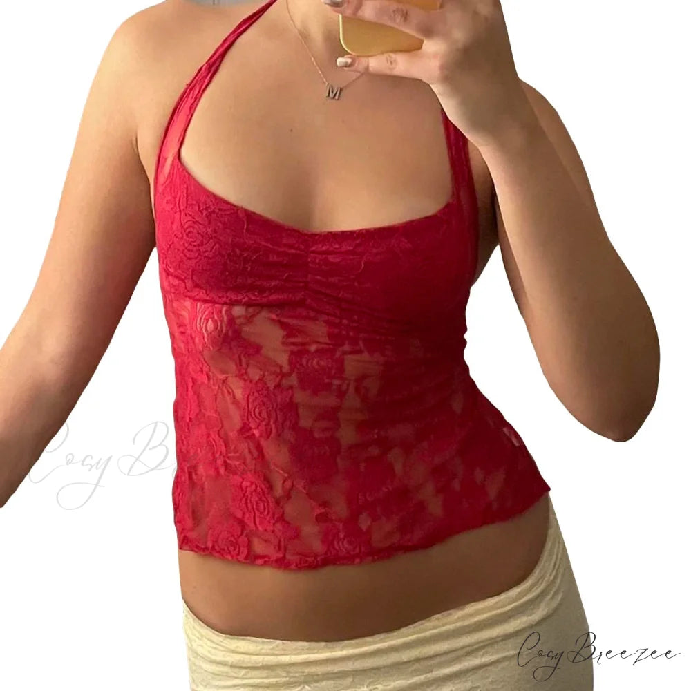 Lace Solid Chic Basic Casual Slim Fit Summer Stylish Elegant Crop Top Red / S
