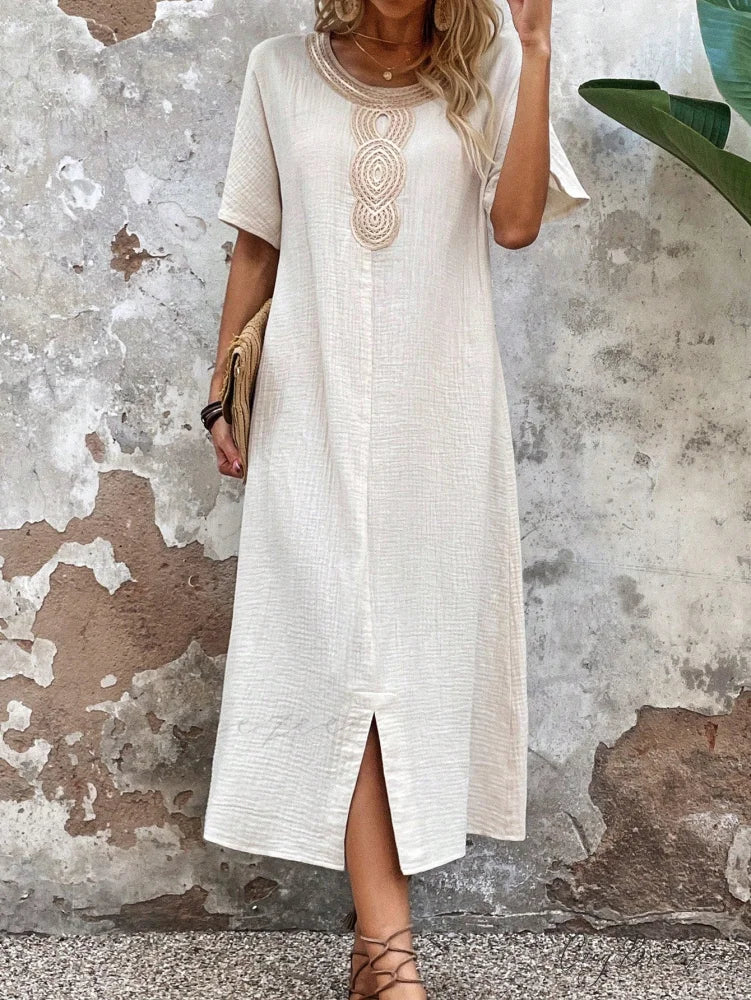 Lace Split Hem Tunic Dress Beige / S