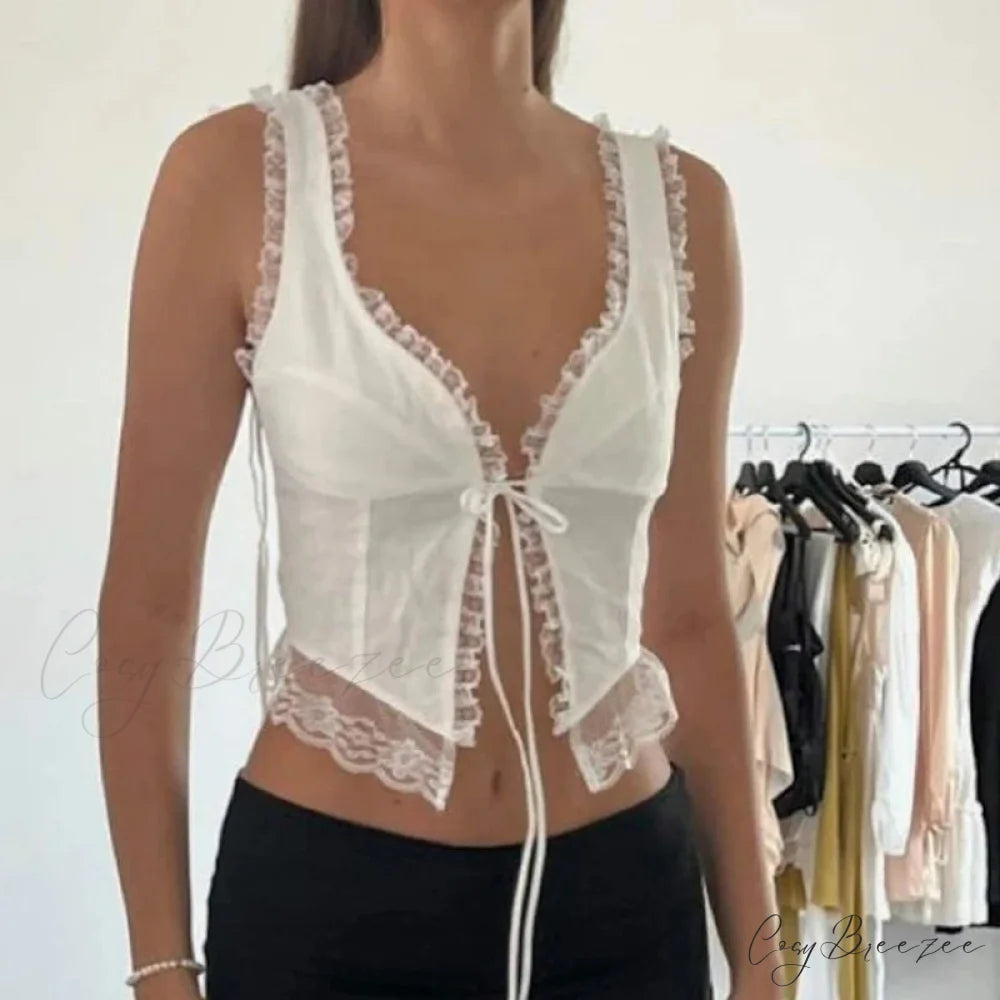 Lace Tie-Up Navel Crop Top croptop-250223
