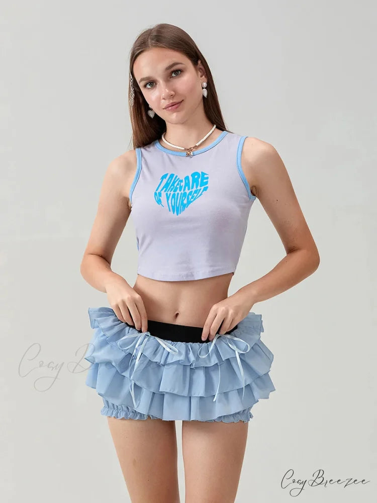 Lace Tiered Bow Skort Shorts Blue / S short-250223