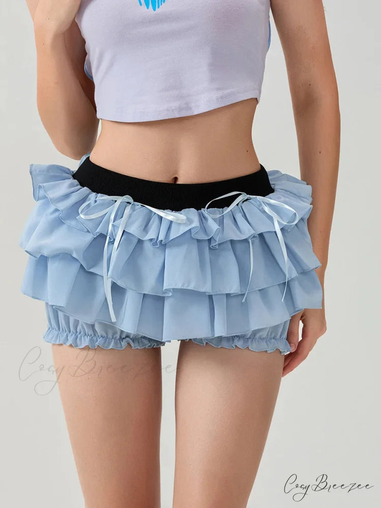 Lace Tiered Bow Skort Shorts short-250223