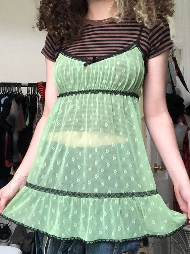 Lace Trim Graceful Floral Mini Dress Green / S