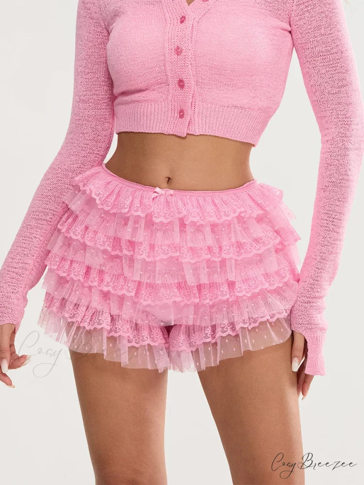 Lace Trim Multi-Layer Bloomer Shorts Pink / S short-250223