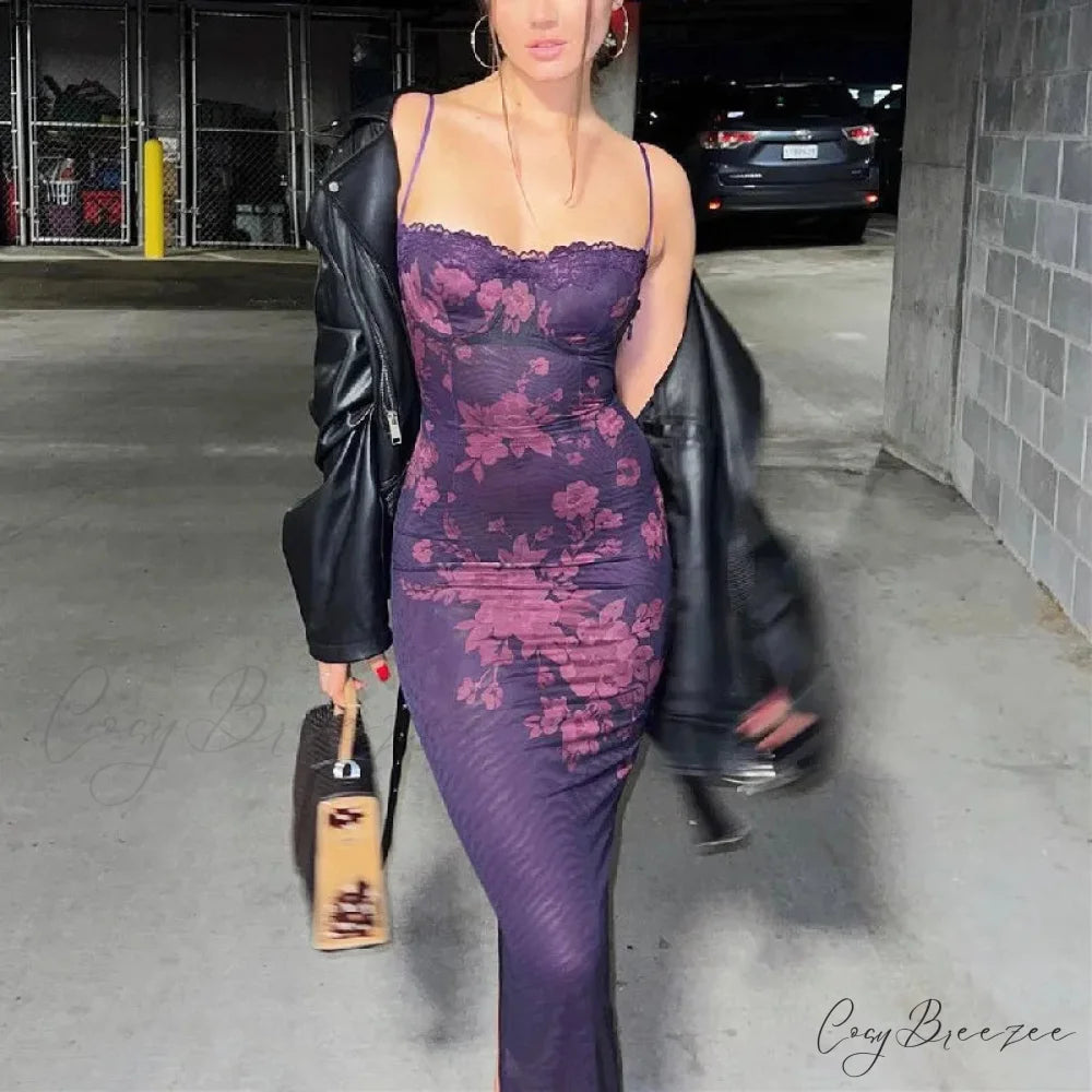 Lace Trim Print Maxi Dress PURPLE / S