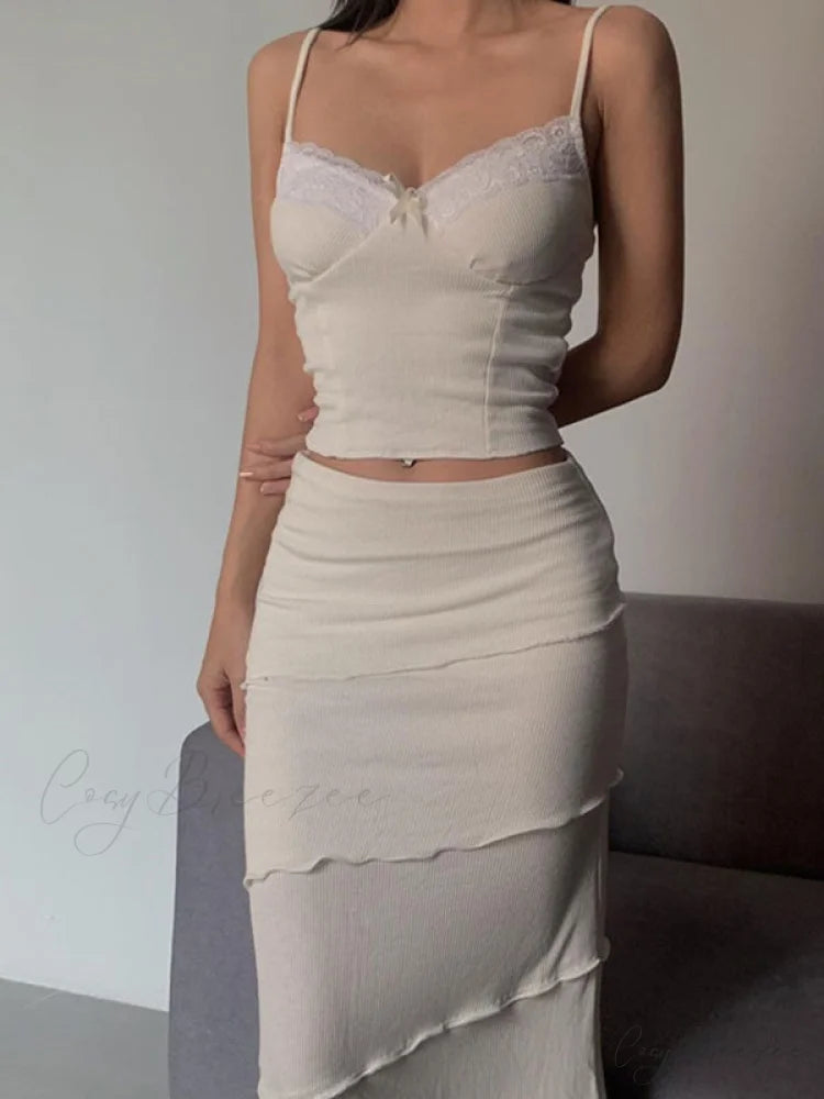 Lace Trim Ribbed Trendy Knit Crop Cami Top White / S