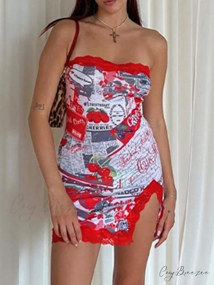 Lace Trim Split Trendy Open Back Mini Dress