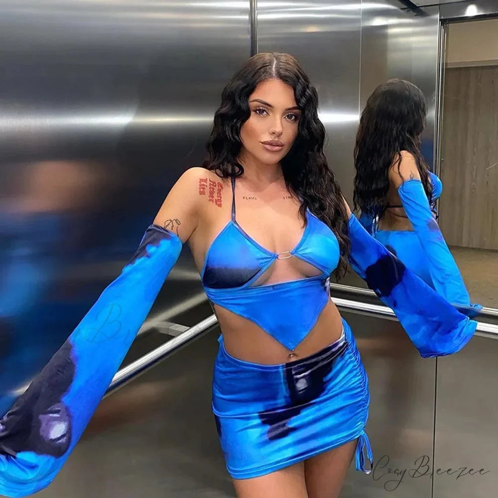 Lace-Up Bandage Bodycon Mini Skirt Two Piece Set Blue / S twopieceset-250223