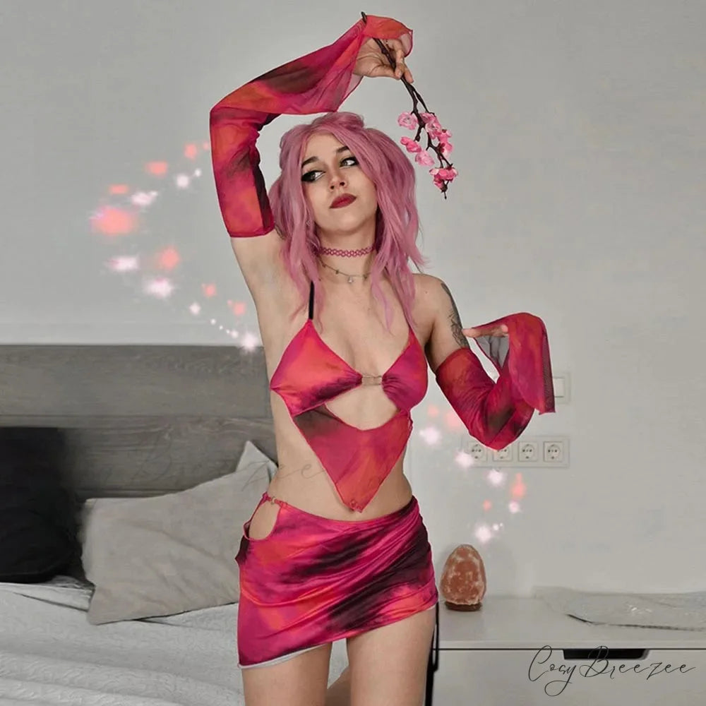 Lace-Up Bandage Bodycon Mini Skirt Two Piece Set Red / S twopieceset-250223