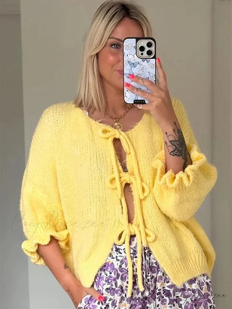 Lace Up Bow Flared Sleeve Loose Fashion Street Cardigan