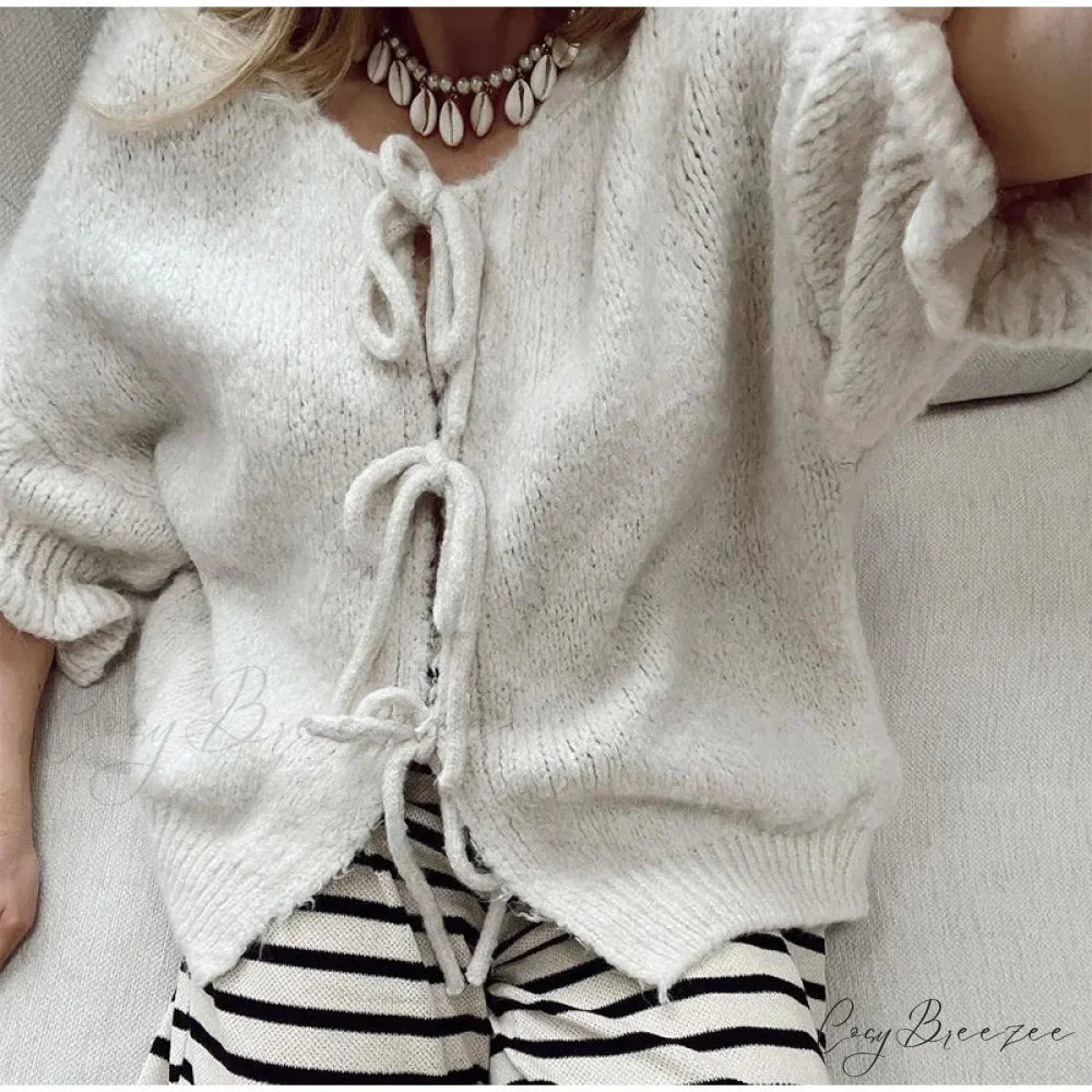 Lace Up Bow Flared Sleeve Loose Fashion Street Cardigan WHITE / S
