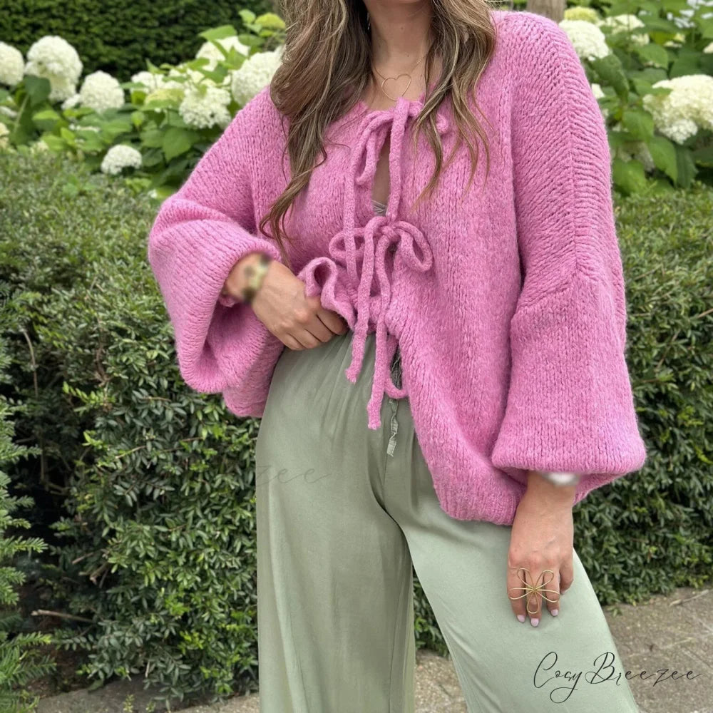 Lace-Up Cutout Patchwork Cardigan pink / S cardigans-241228