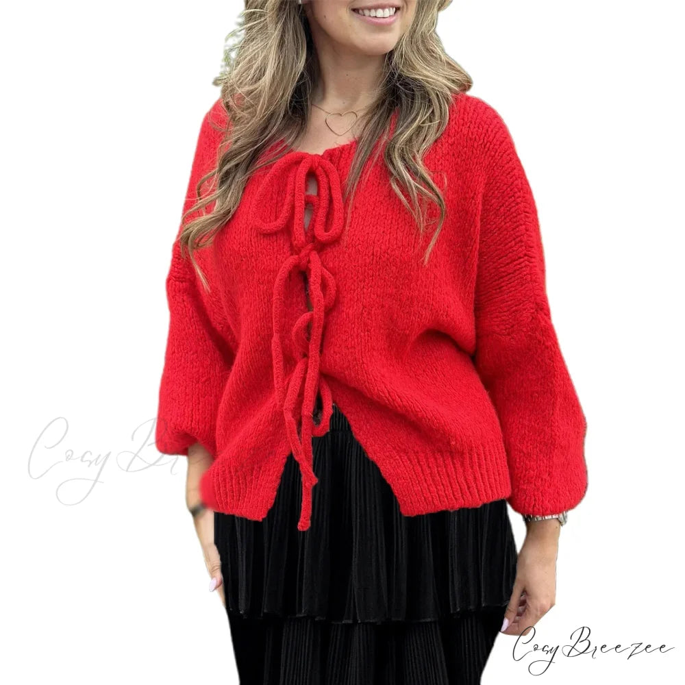 Lace-Up Cutout Patchwork Cardigan red / S cardigans-241228