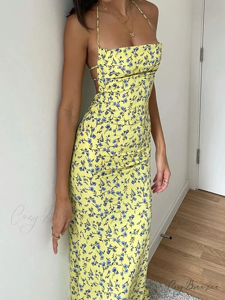 Lace-Up Halter Floral Backless Bodycon Dress floraldress-250126
