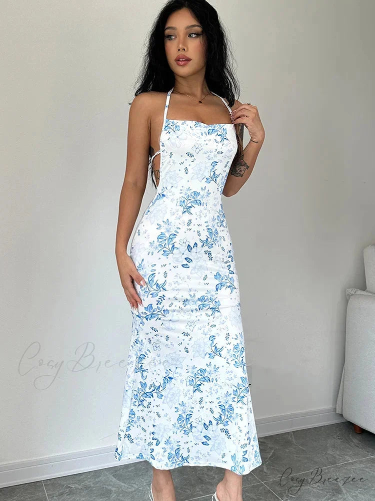 Lace-Up Halter Floral Backless Bodycon Dress floraldress-250126