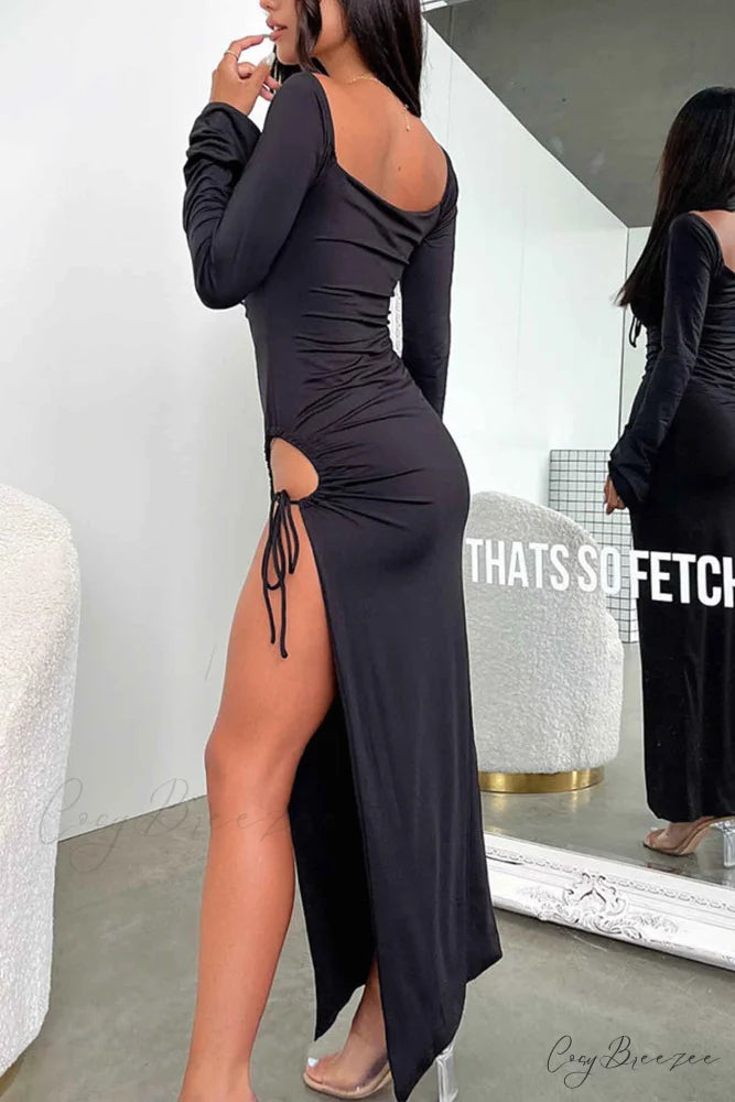 Lace Up Hollow Out Slit Dress with Long Sleeves Black / L
