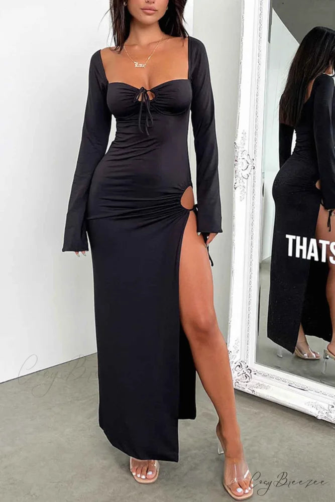 Lace Up Hollow Out Slit Dress with Long Sleeves Black / M