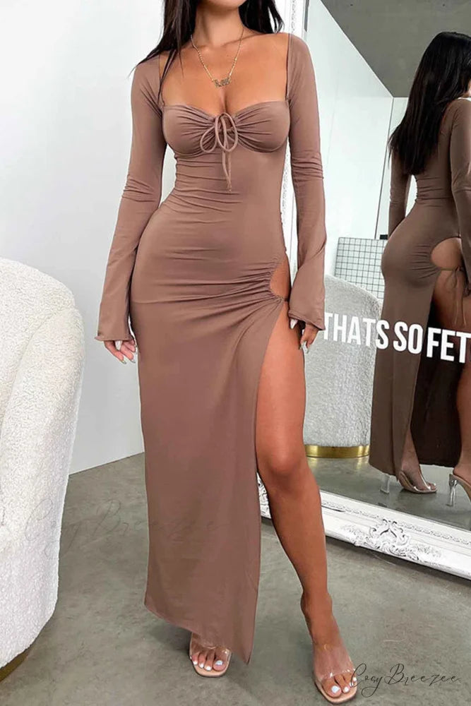 Lace Up Hollow Out Slit Dress with Long Sleeves Brown / S