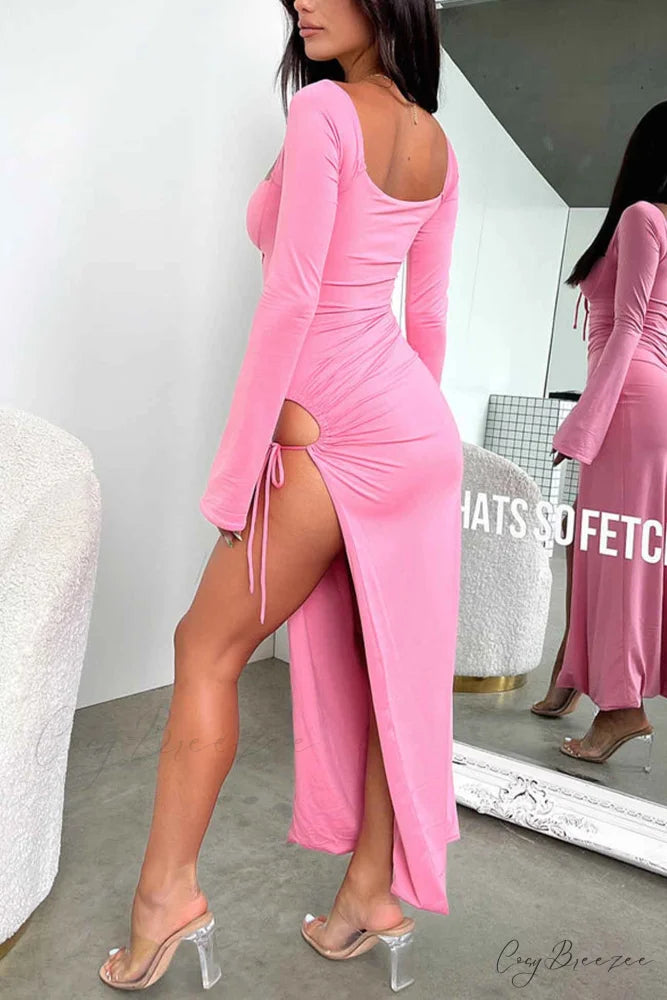 Lace Up Hollow Out Slit Dress with Long Sleeves Pink / L