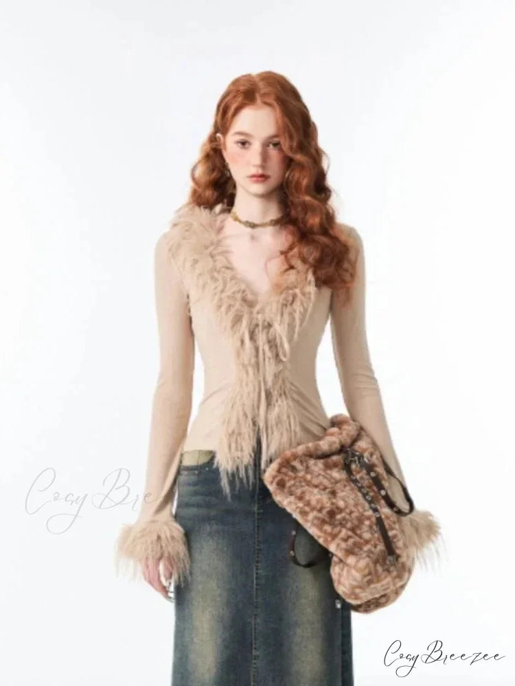 Lace Up Plush V-neck Cardigan Apricot TOPS / S cardigans-241228