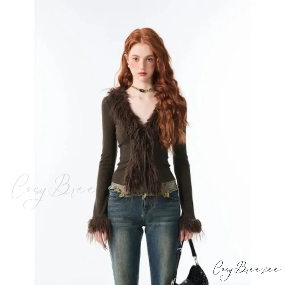 Lace Up Plush V-neck Cardigan Black brown TOPS / S cardigans-241228