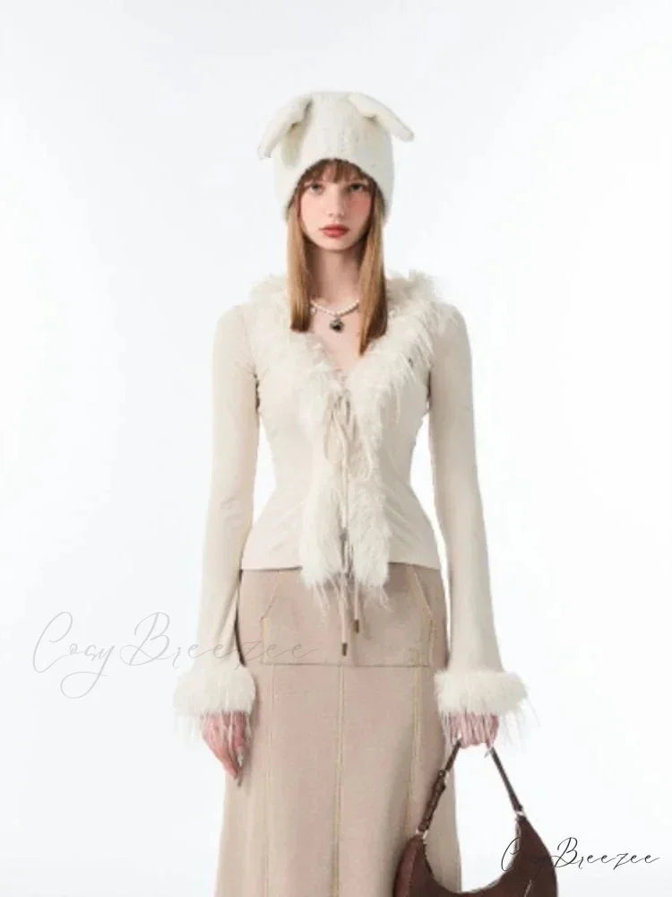 Lace Up Plush V-neck Cardigan cardigans-241228