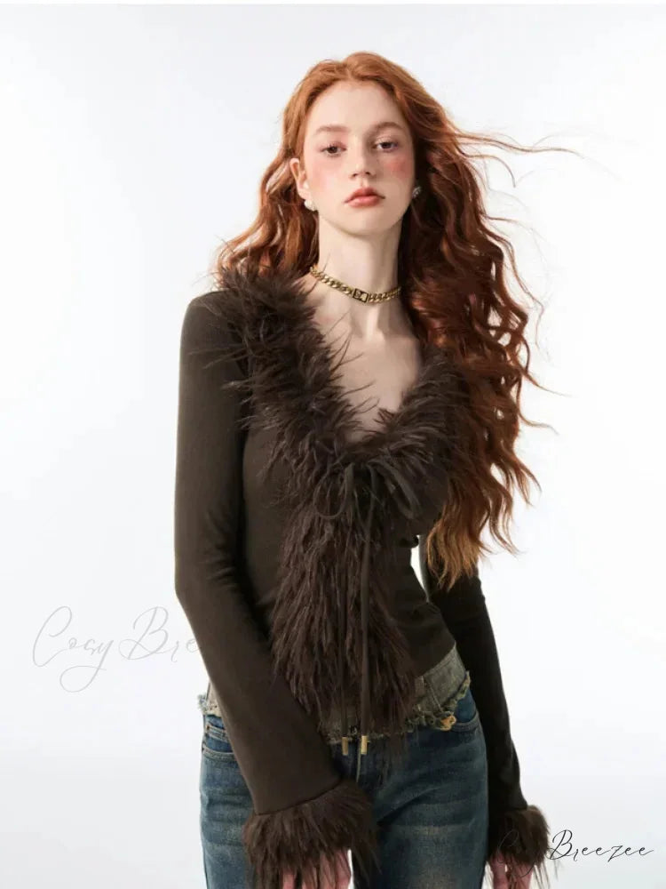 Lace Up Plush V-neck Cardigan cardigans-241228