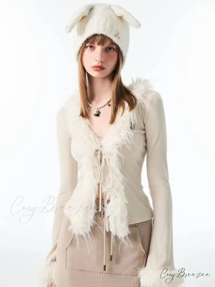 Lace Up Plush V-neck Cardigan White TOPS / S cardigans-241228