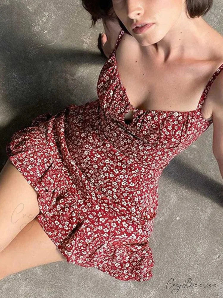 Lace Up Ruffle Trendy Corset Mini Dress Red / S