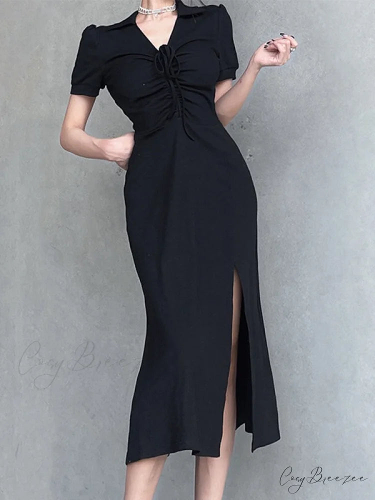Lace Up Slit Trendy Green Maxi Dress Black / S