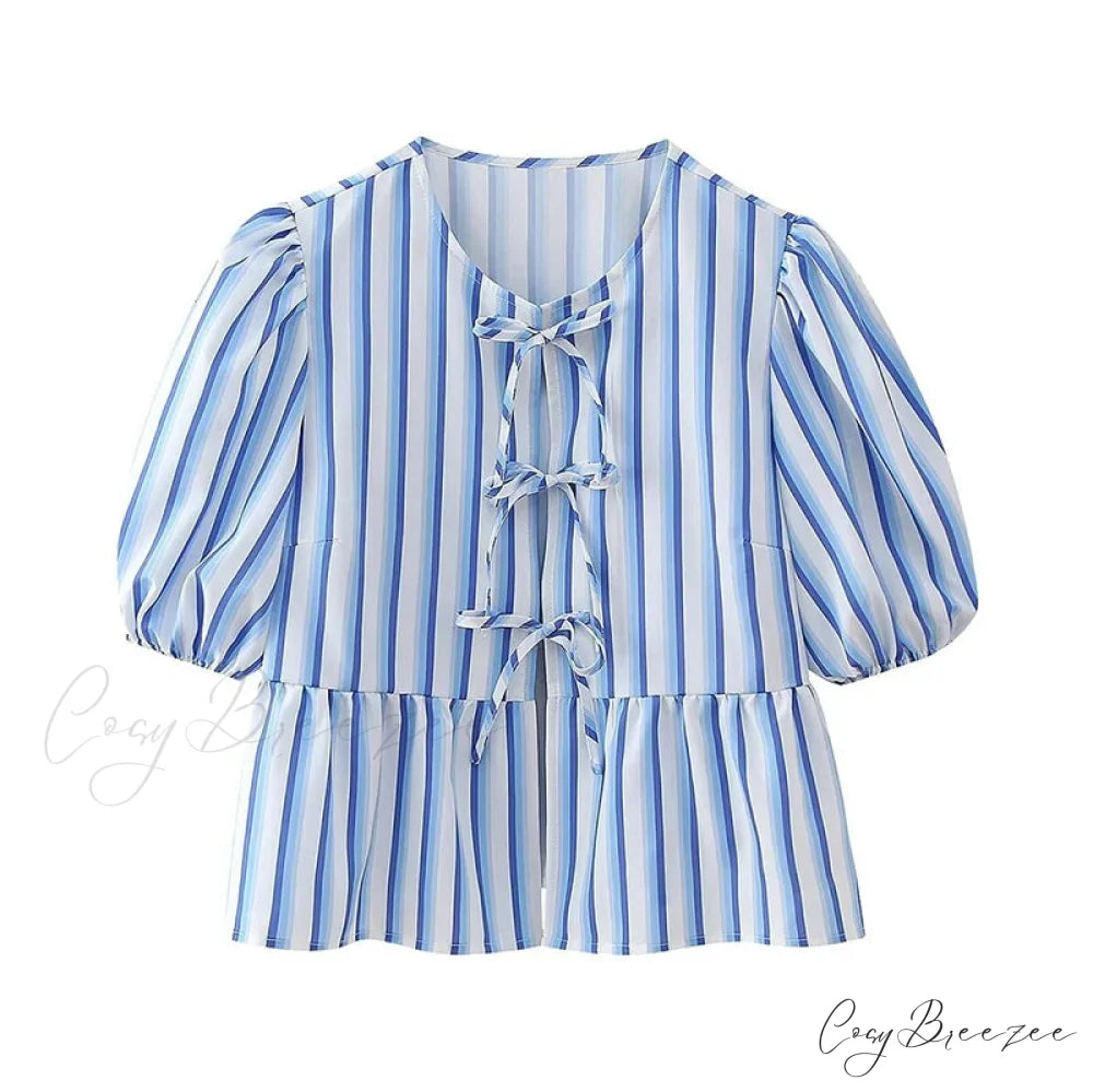 Lace Up Striped O-neck Loose Short Sleeve Crop Top blue1 / S blouse-250126