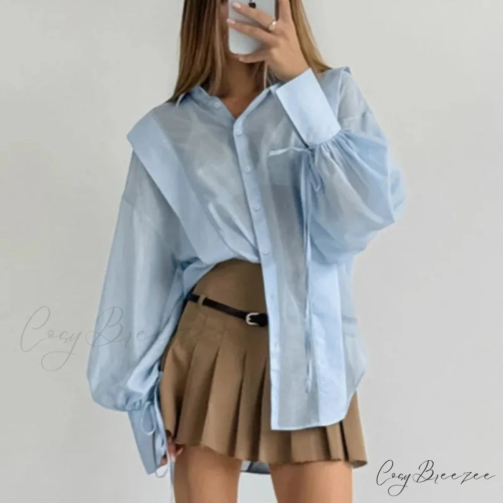Lace-Up Transparent Casual Shirt blouse-250223