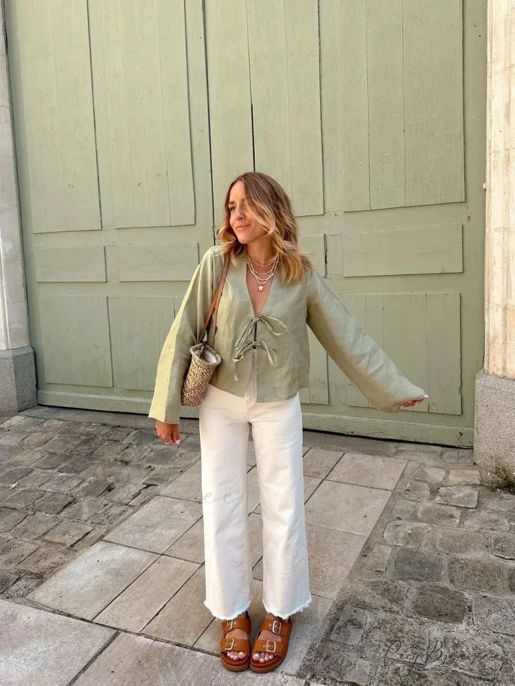 Lace-up V-neck Relaxed Long Sleeve Blouse blouse-250126