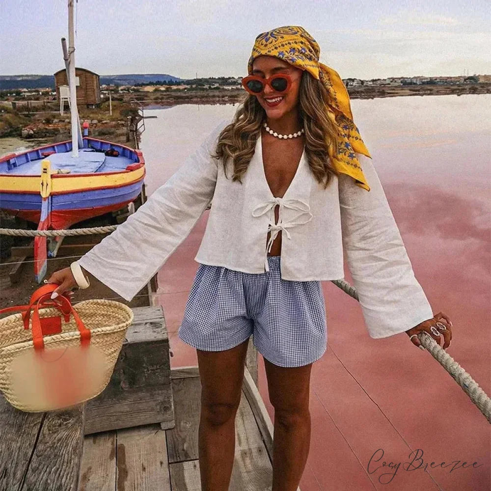 Lace-up V-neck Relaxed Long Sleeve Blouse White / S blouse-250126