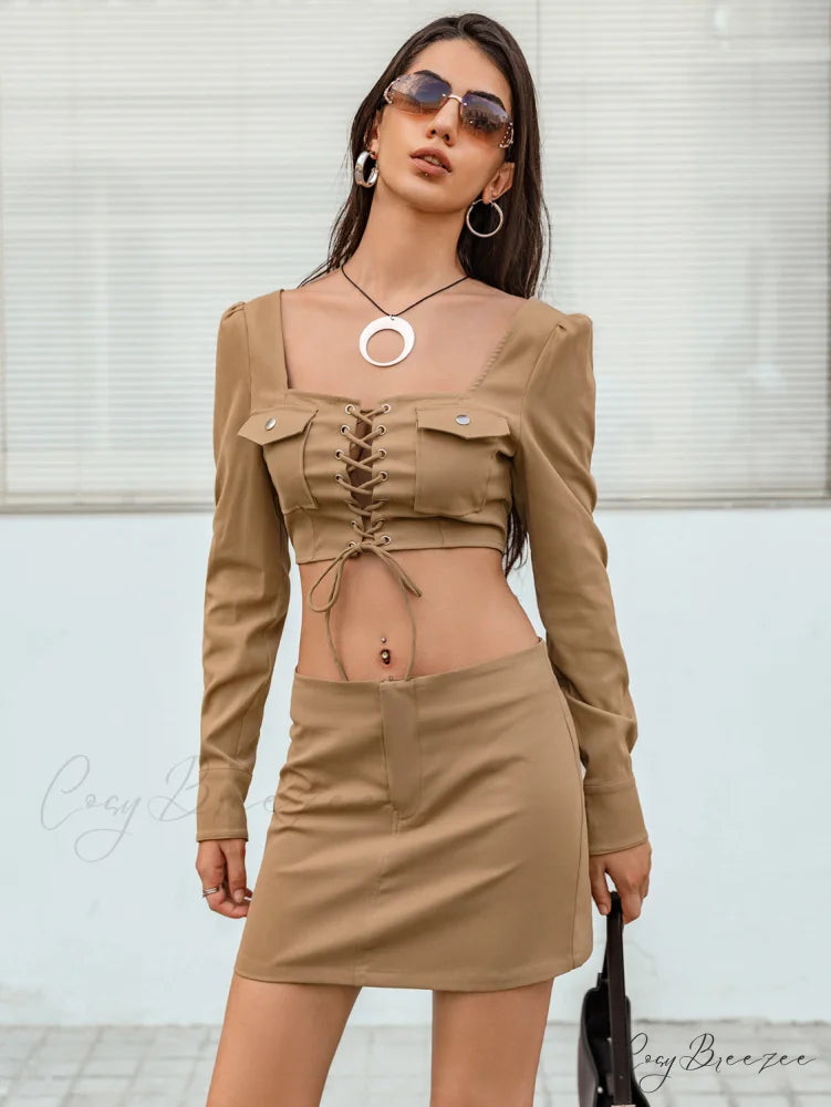 Lace-Up with and Set Cropped Top Skirt Detail