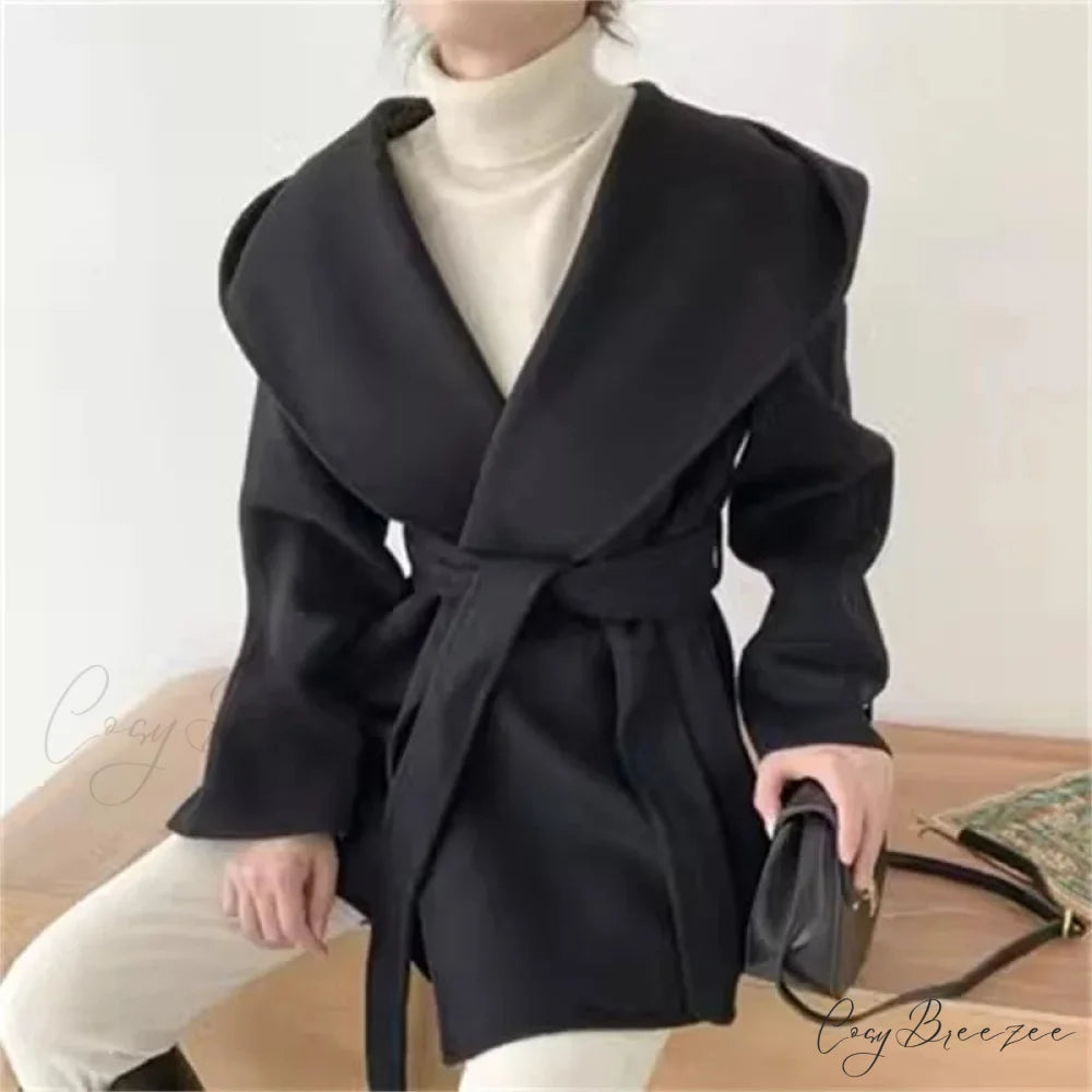 Lace-Up Woolen Hooded Jacket Coat Black / One Size overcoats-241228