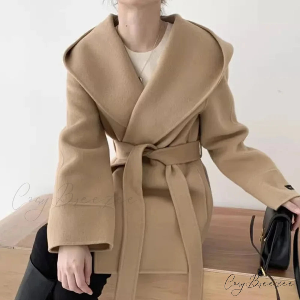 Lace-Up Woolen Hooded Jacket Coat Camel / One Size overcoats-241228