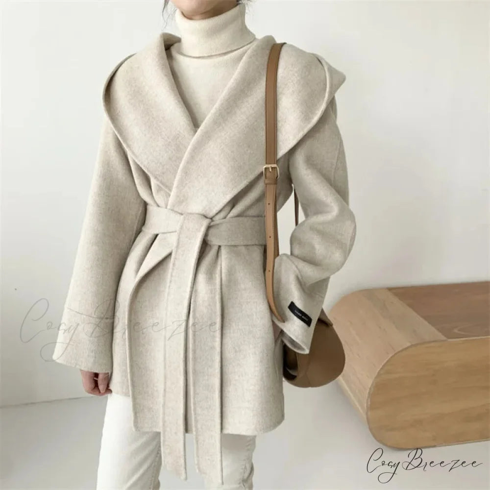 Lace-Up Woolen Hooded Jacket Coat Oatmeal / One Size overcoats-241228