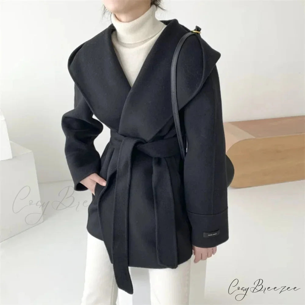 Lace-Up Woolen Hooded Jacket Coat overcoats-241228