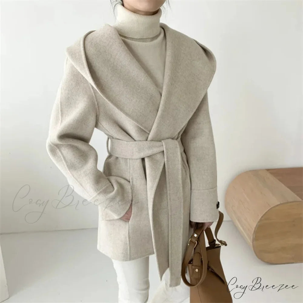 Lace-Up Woolen Hooded Jacket Coat overcoats-241228