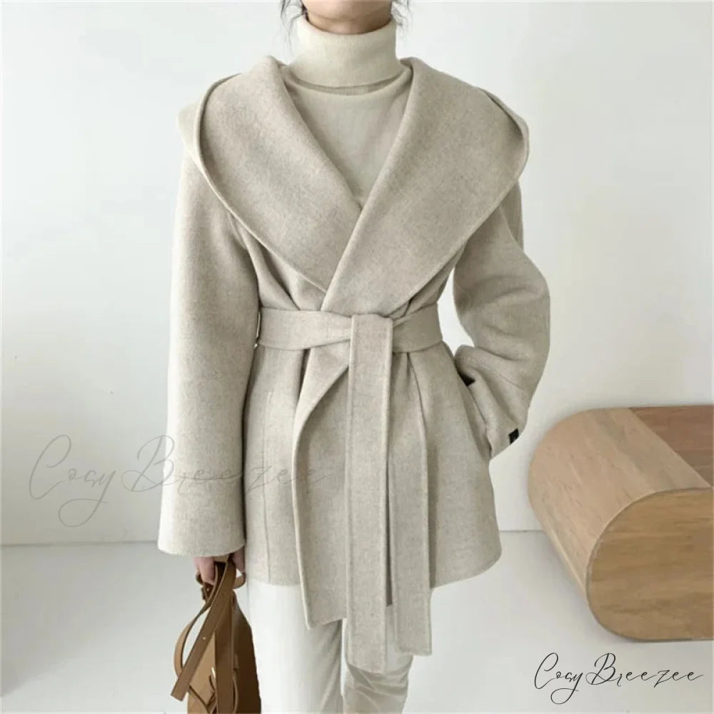 Lace-Up Woolen Hooded Jacket Coat overcoats-241228