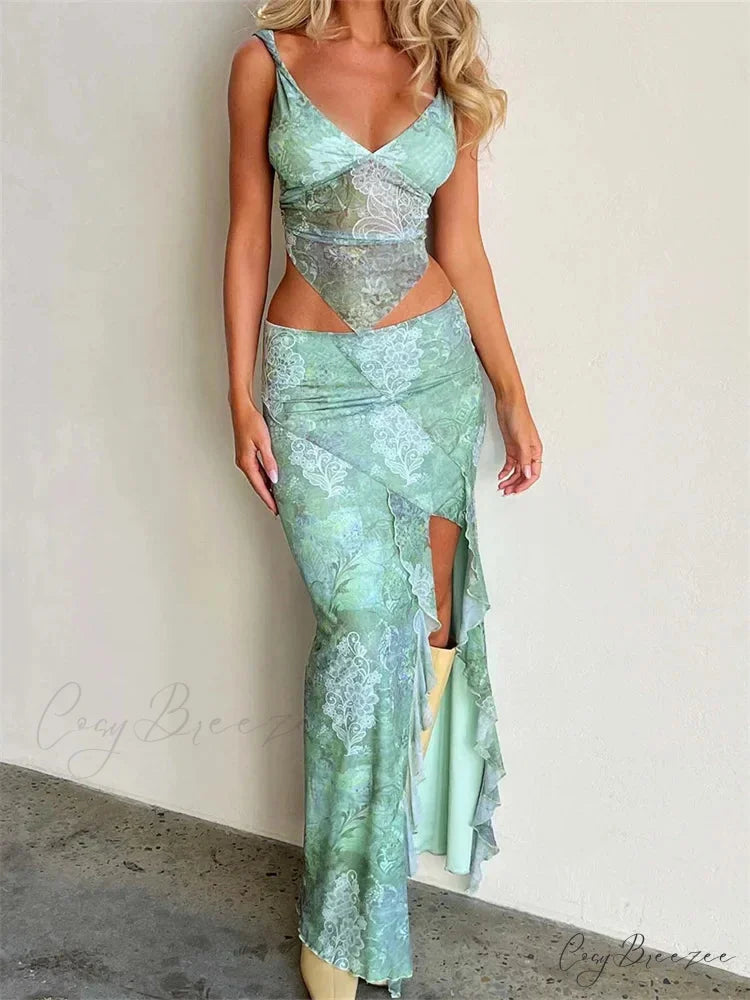 Lace V-neck Backless Camis Top High Split Skirt Summer Set Green / S skirt-250126