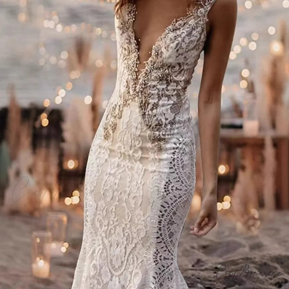 Lace V-Neck Mermaid Wedding Dress weddingdress-250223