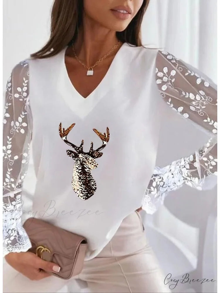 Lace Women’s Patchwork Silver Maroon Reindeer Christmas Peach Trim Tee Silver / S