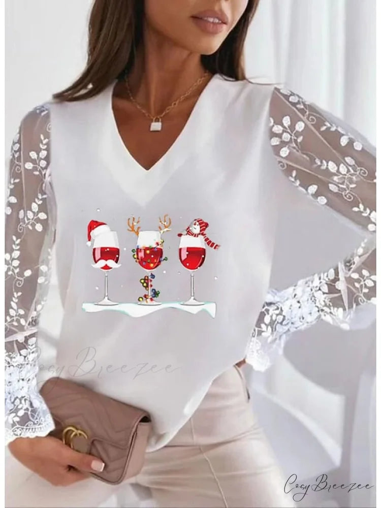 Lace Women’s Patchwork Silver Maroon Reindeer Christmas Peach Trim Tee Wine / S