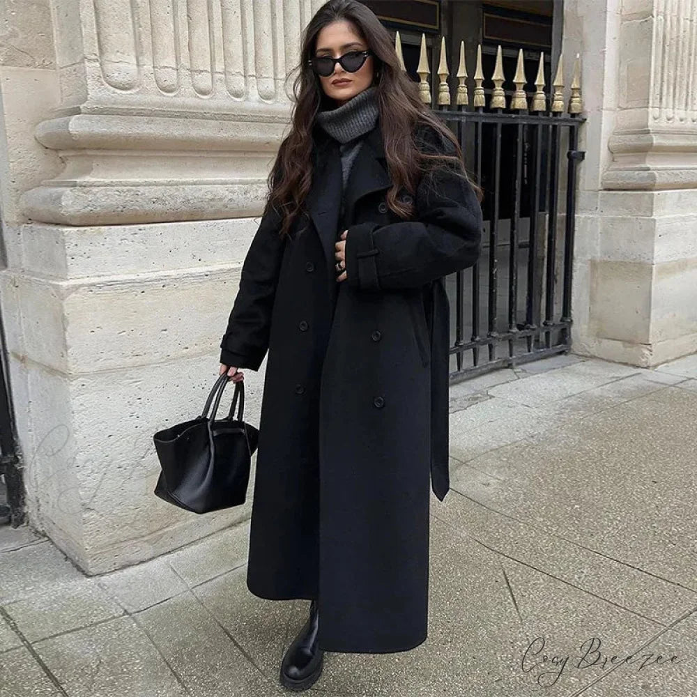 Lamb Wool Patchwork Leather Belted Coat Black long coat / S overcoats-241228