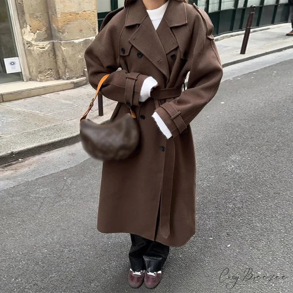 Lamb Wool Patchwork Leather Belted Coat Brown long coat / S overcoats-241228