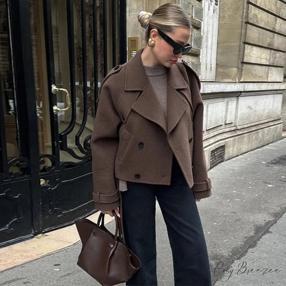Lamb Wool Patchwork Leather Belted Coat Brown short coat / S overcoats-241228