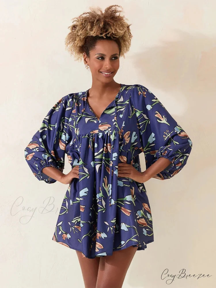 Lantern Sleeve Loose Floral Tied Bodydoll Short Dress Blue / S floraldress-250126